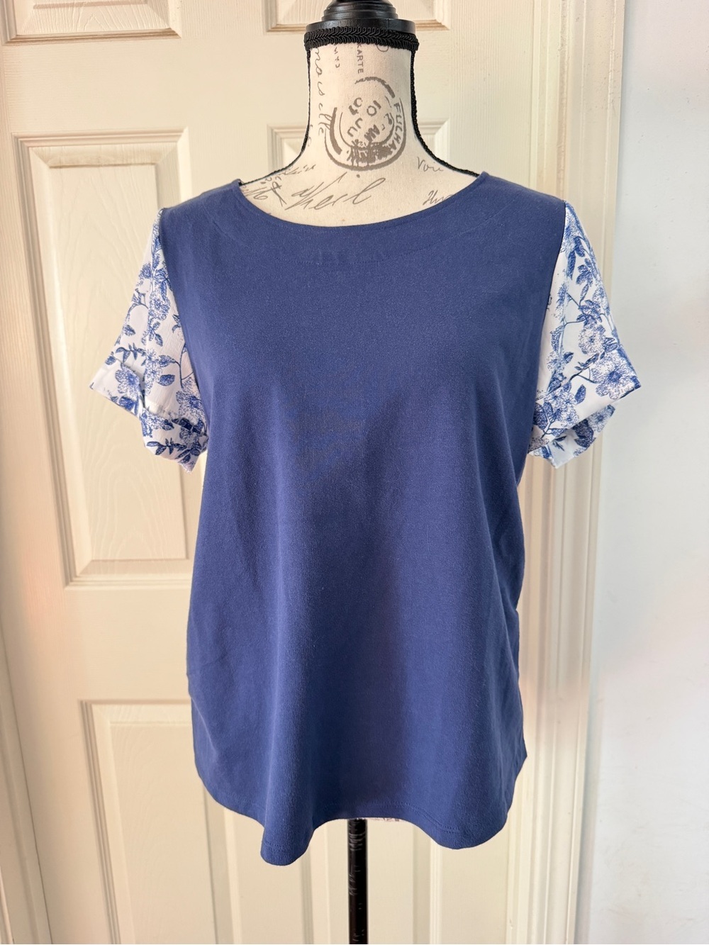 Anthropologie Navy Top with White & Blue Floral Sleeves
